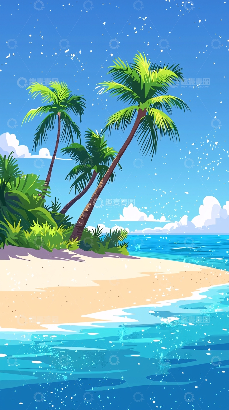 高清大图下载【趣麦麦图】热带海滩椰树蓝天白云