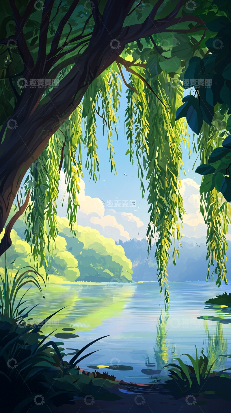 高清大图下载【趣麦麦图】垂柳湖边风景画