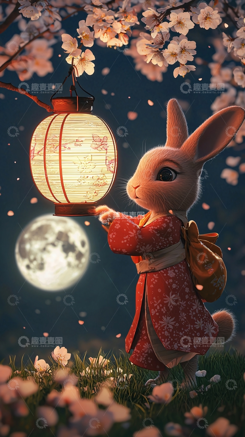 高清大图下载【趣麦麦图】樱花树下玉兔提灯