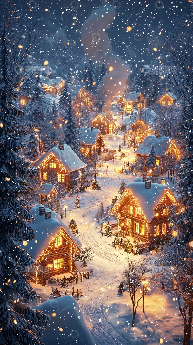 高清大图下载【趣麦麦图】雪夜小屋温暖灯光