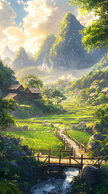 阳光下的山村田园风光