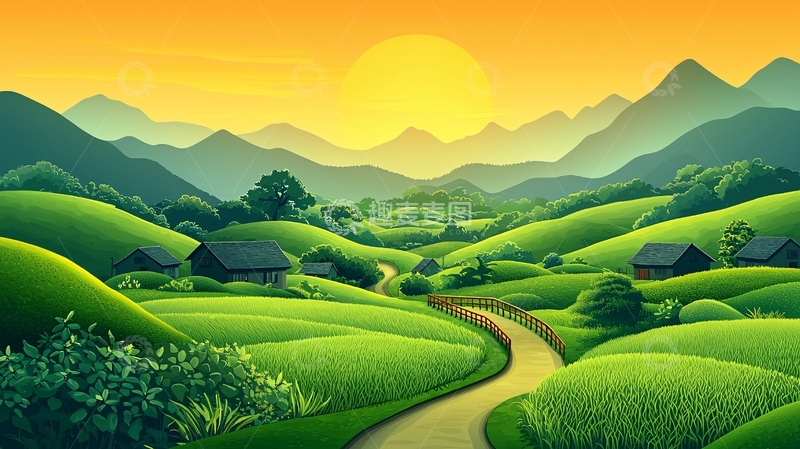高清大图下载【趣麦麦图】翠绿山峦下的田园风光