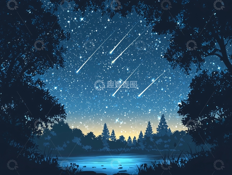 高清大图下载【趣麦麦图】夜空流星下的静谧湖畔