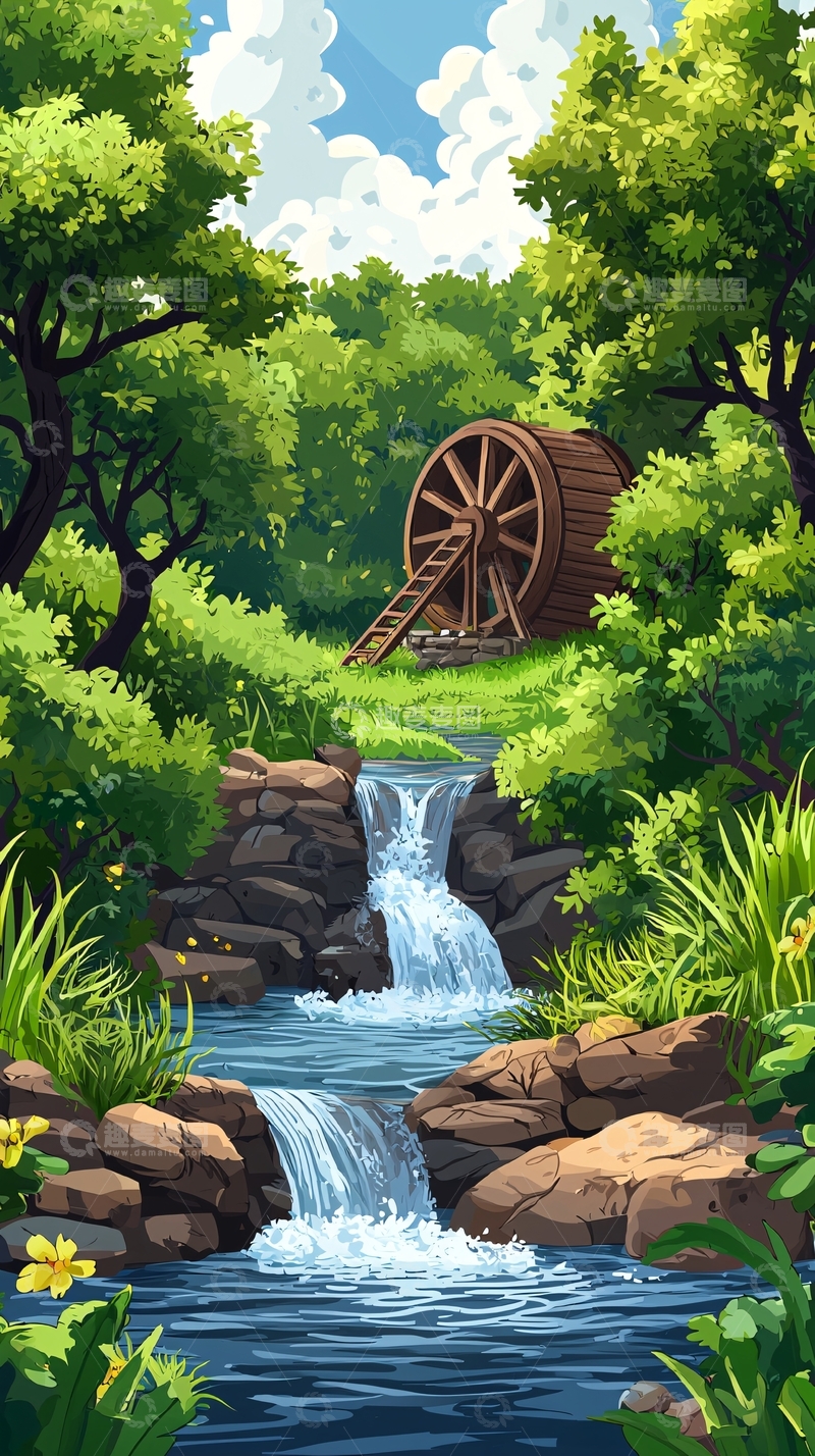 高清大图下载【趣麦麦图】夏日森林溪流木制水车
