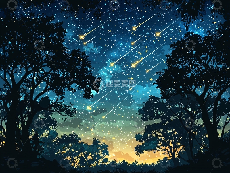 高清大图下载【趣麦麦图】夜晚星空流星划过森林的剪影