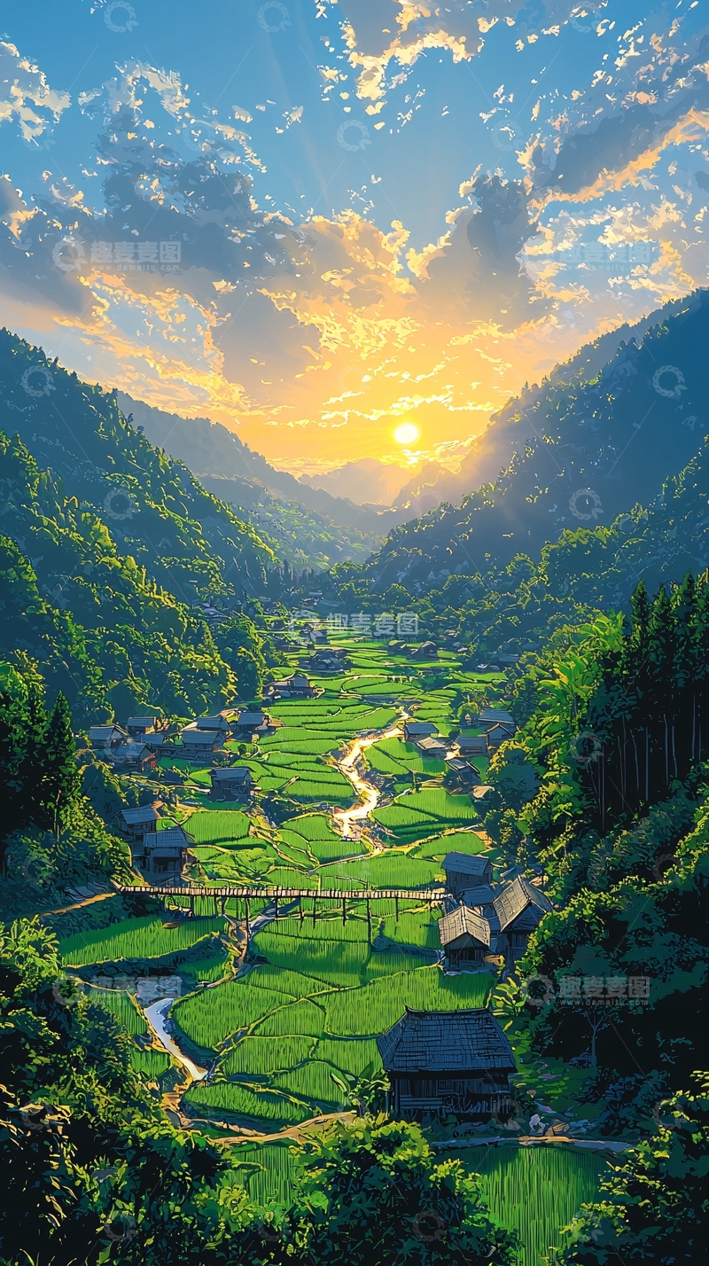 高清大图下载【趣麦麦图】田园风光山水画