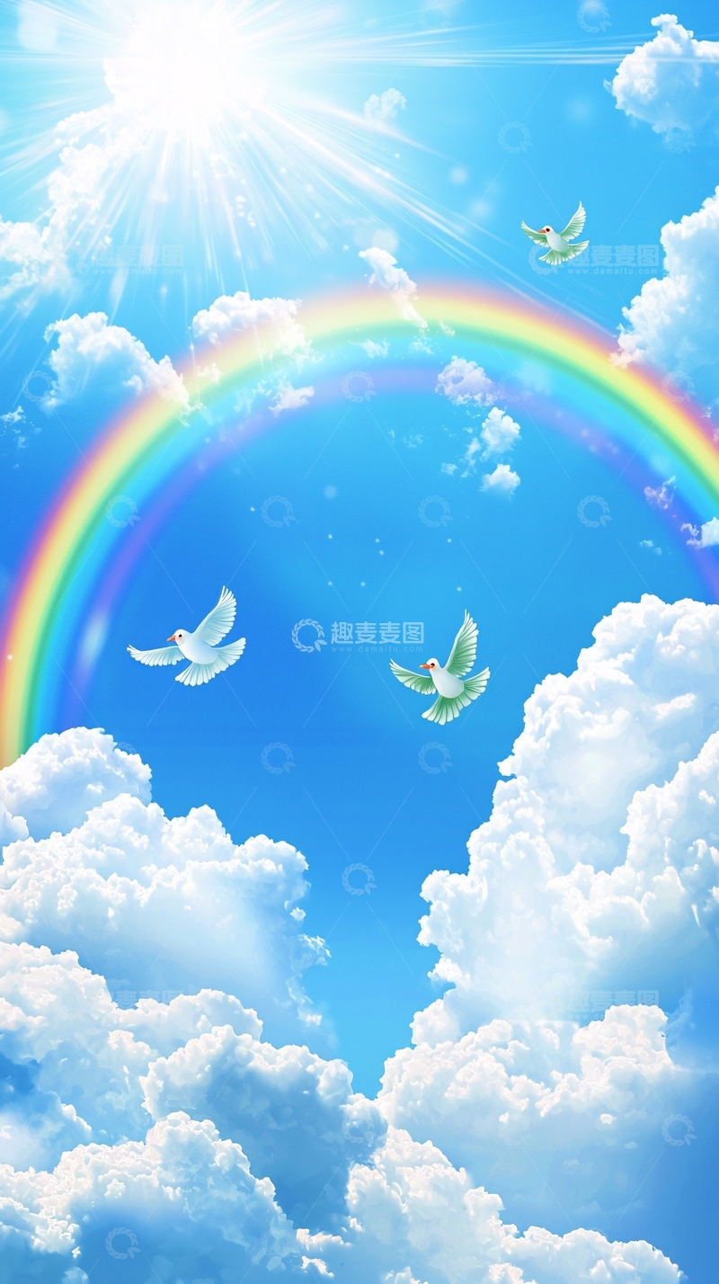 高清大图下载【趣麦麦图】蓝天白云彩虹鸽子