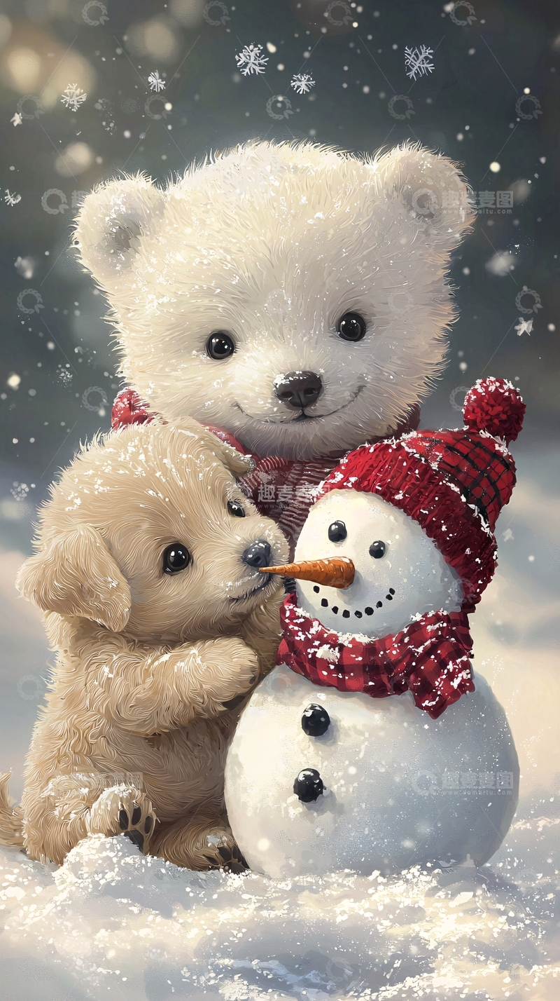 高清大图下载【趣麦麦图】可爱北极熊和狗狗堆雪人