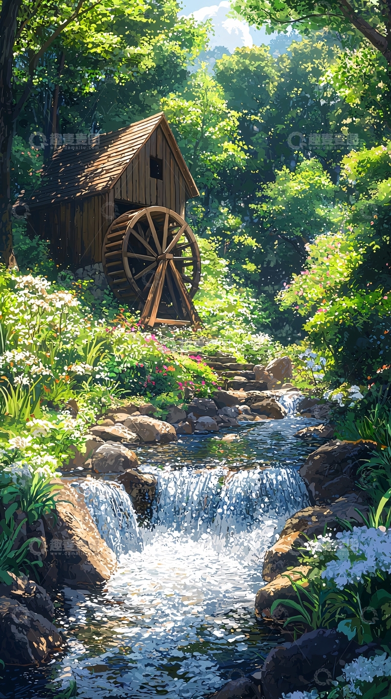 高清大图下载【趣麦麦图】绿意盎然的水车小屋
