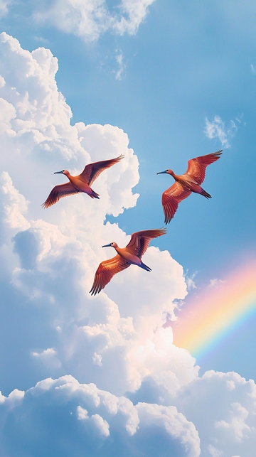 三只红鸟飞过彩虹云彩