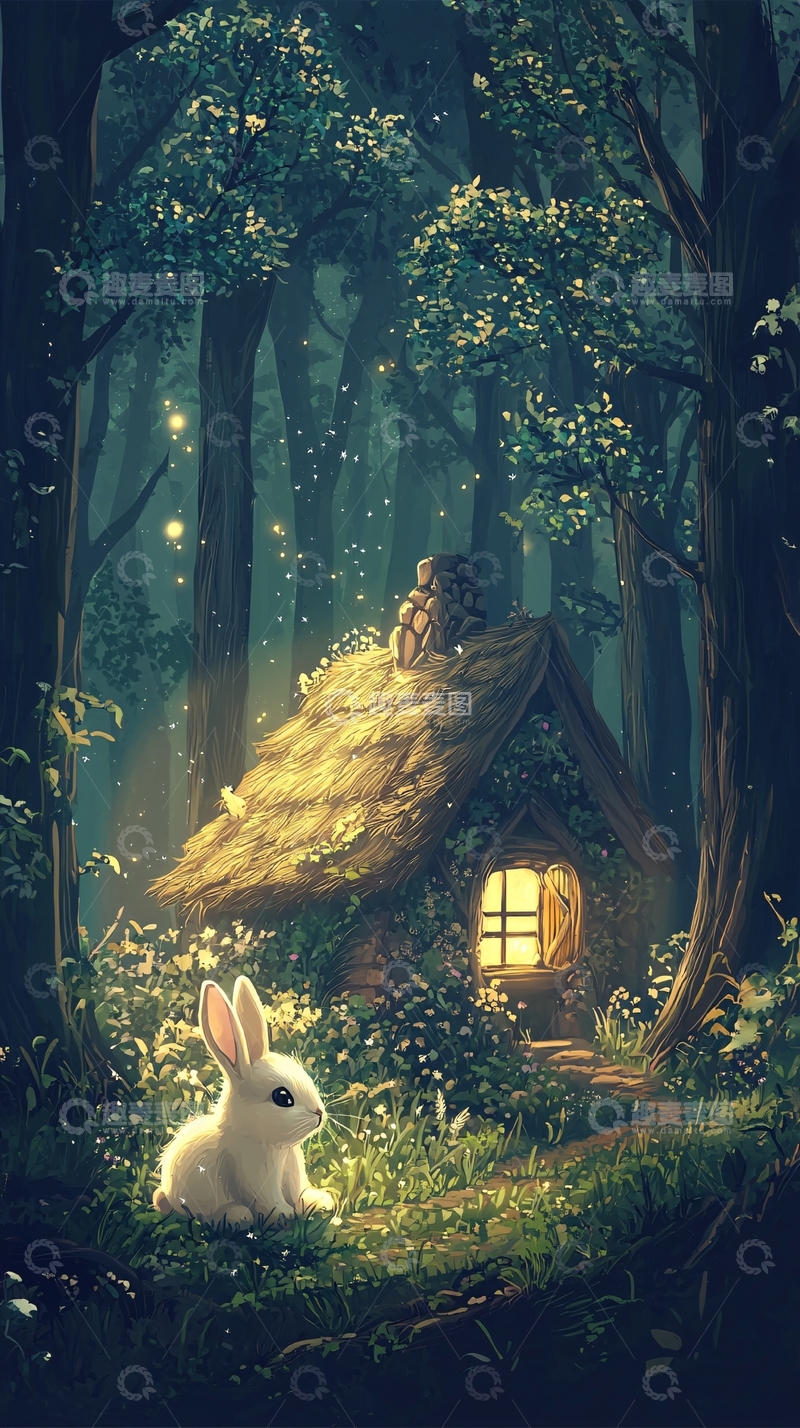 高清大图下载【趣麦麦图】梦幻森林小屋兔子