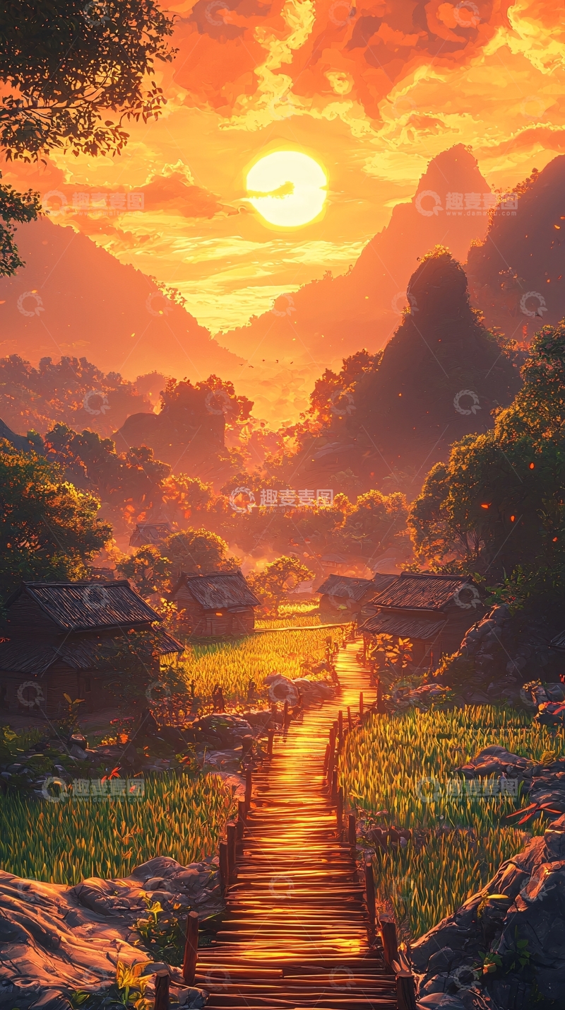 高清大图下载【趣麦麦图】日落山谷村庄风景