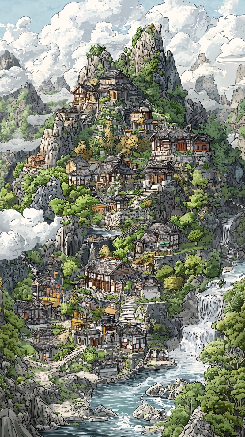 高清大图下载【趣麦麦图】山间村庄鸟瞰图