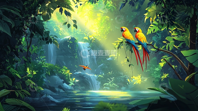 高清大图下载【趣麦麦图】热带雨林鹦鹉飞舞