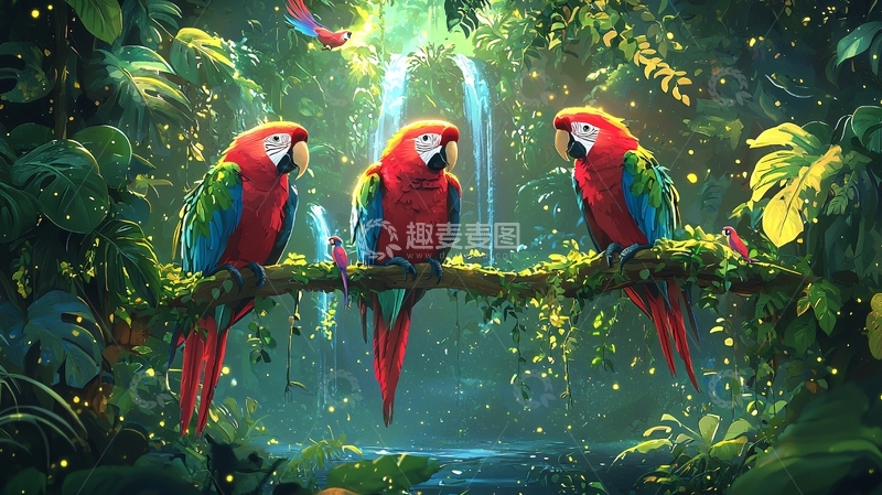 高清大图下载【趣麦麦图】三只金刚鹦鹉雨林瀑布