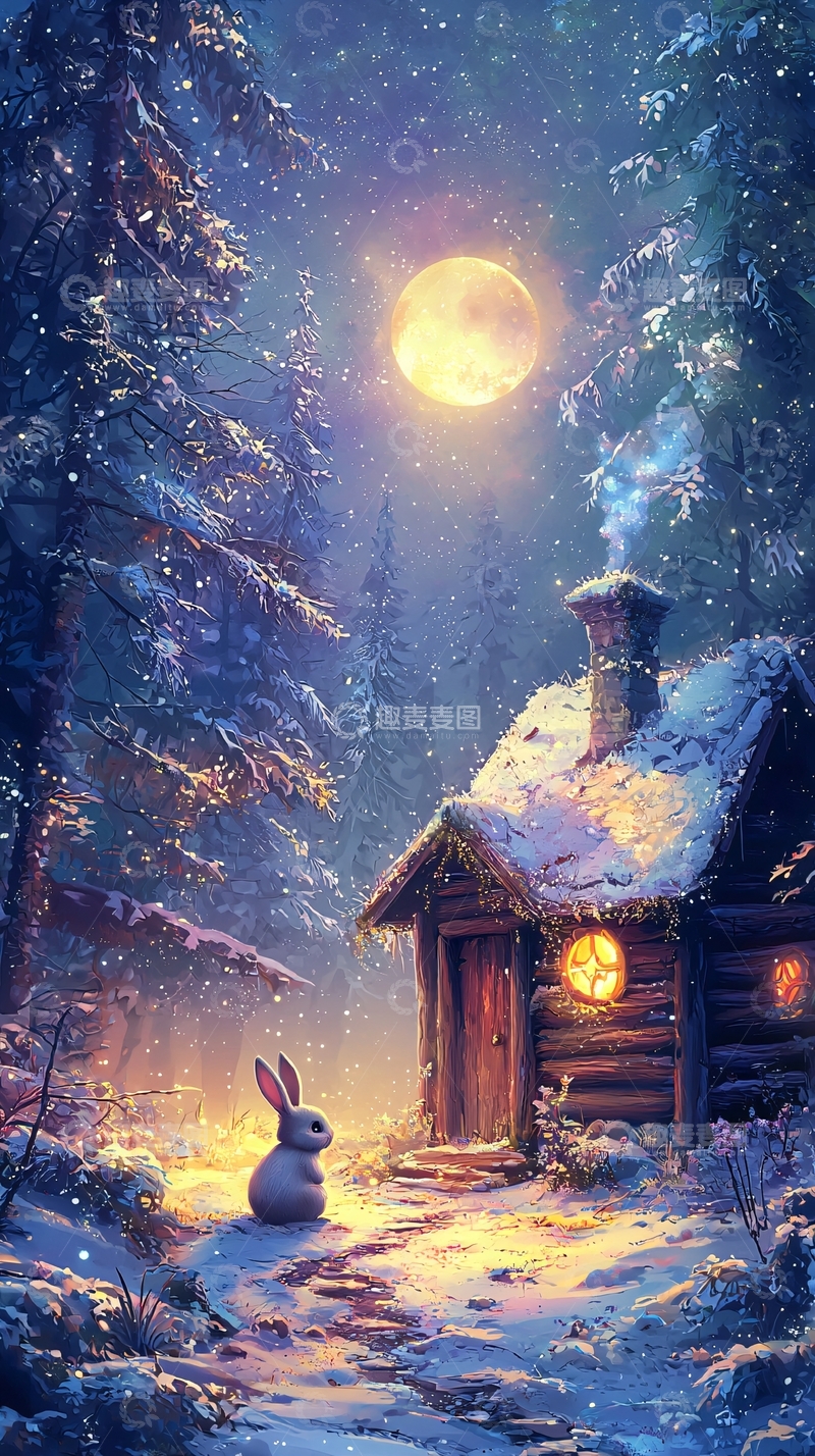 高清大图下载【趣麦麦图】冬夜雪景小屋兔子