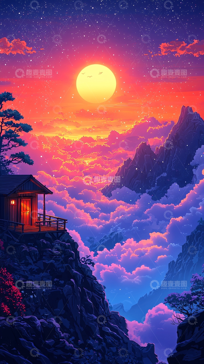 高清大图下载【趣麦麦图】山顶小屋日出云海