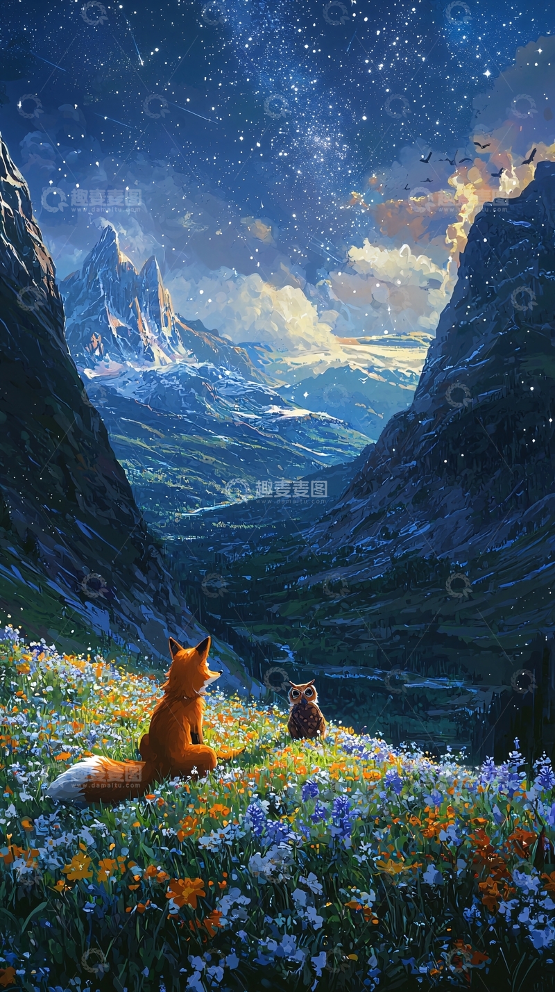 高清大图下载【趣麦麦图】狐狸和老鼠看星空山谷
