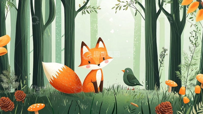 高清大图下载【趣麦麦图】森林里的小狐狸和鸟