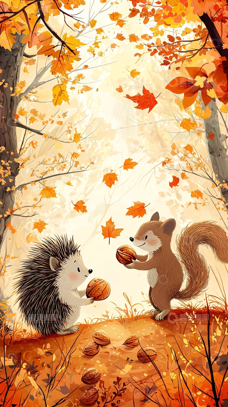 高清大图下载【趣麦麦图】秋天森林小松鼠刺猬