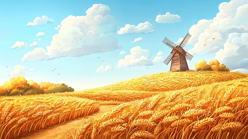 高清大图下载【趣麦麦图】金黄麦田上的风车
