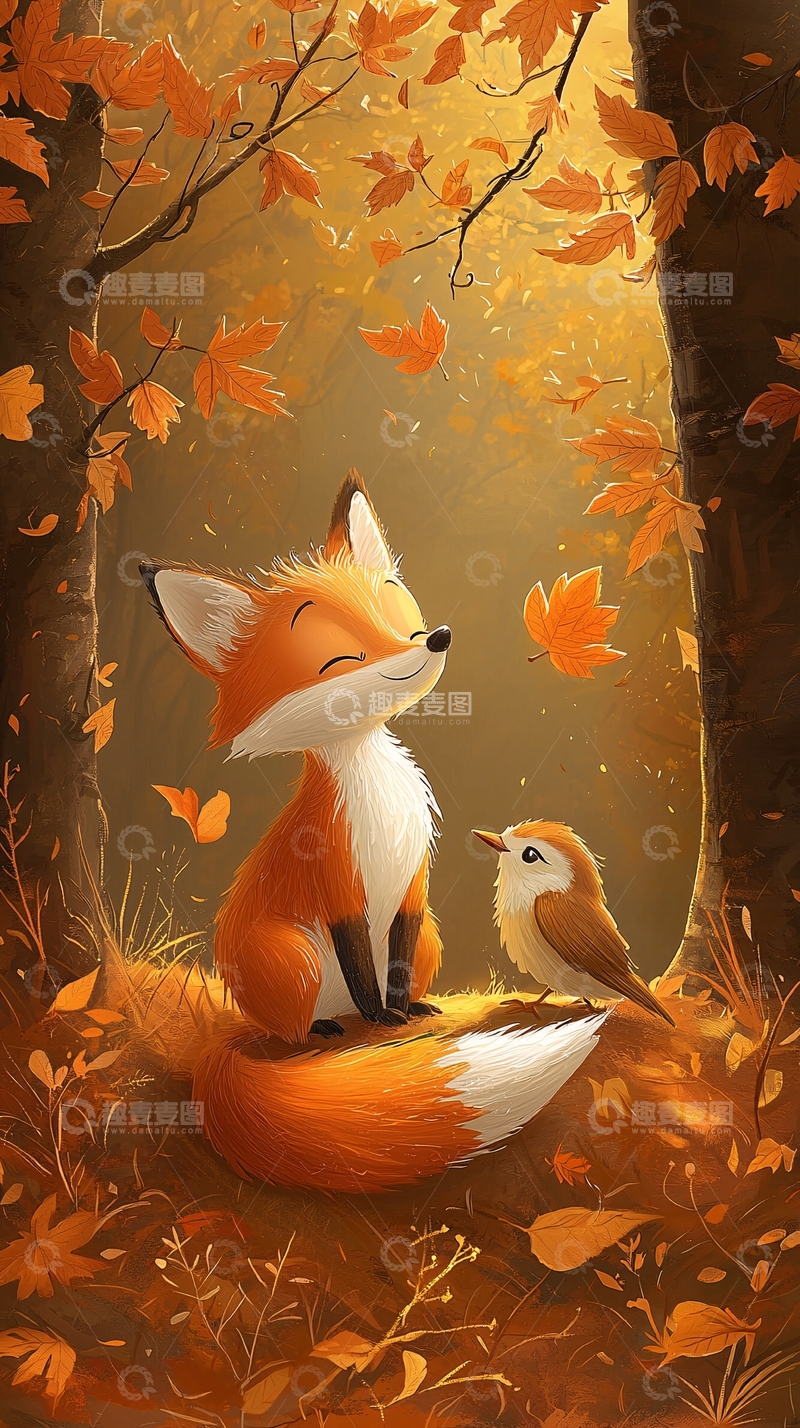 高清大图下载【趣麦麦图】秋天森林狐狸小鸟