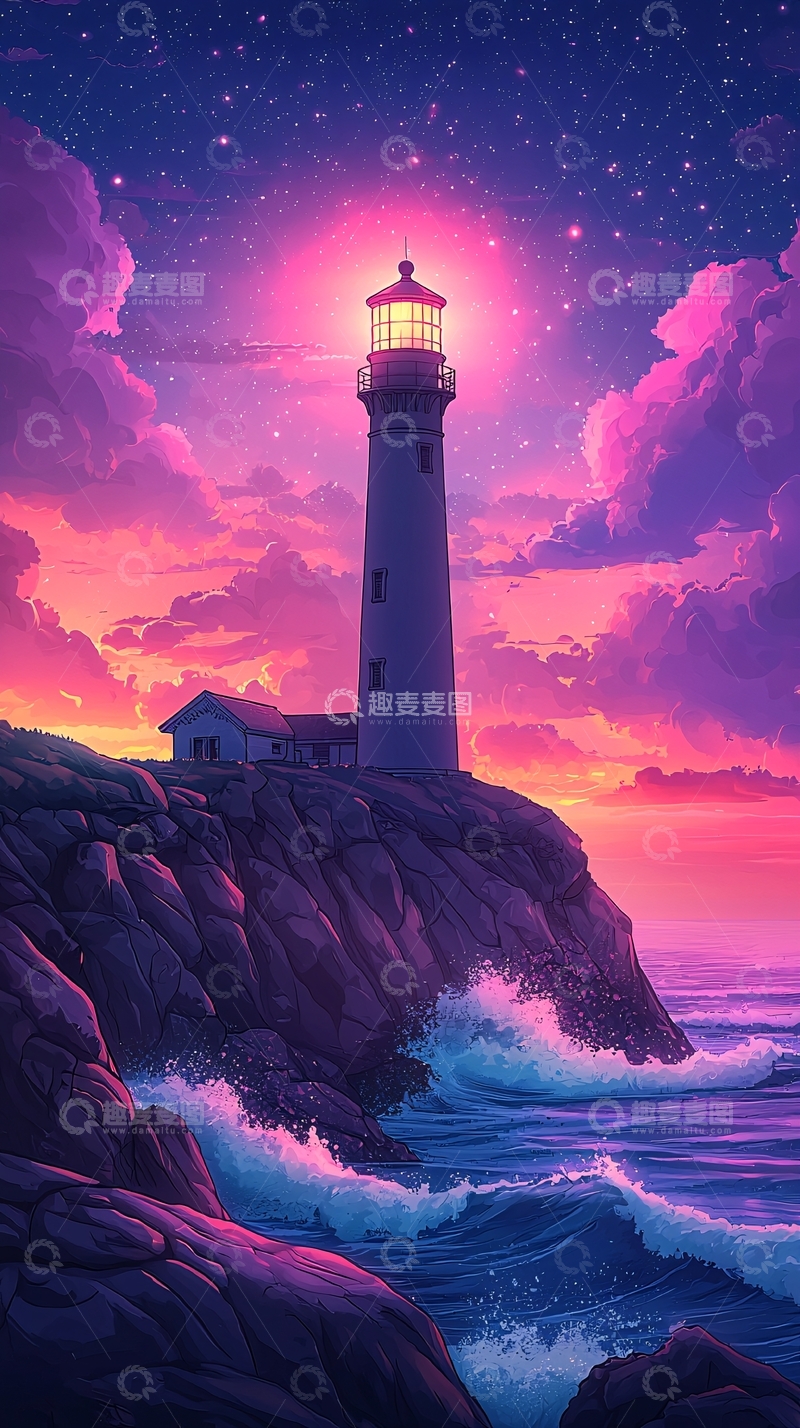 高清大图下载【趣麦麦图】夜晚灯塔与紫色天空