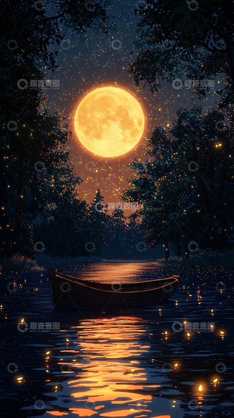 高清大图下载【趣麦麦图】夜晚森林湖泊满月