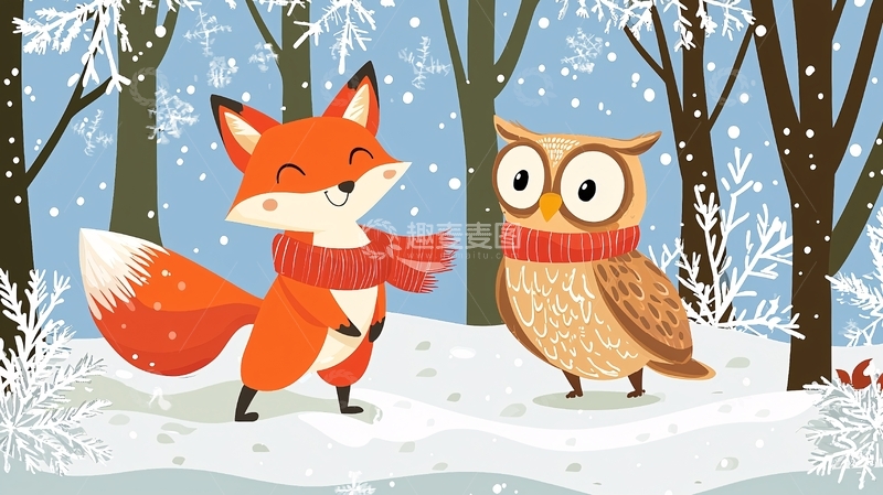 高清大图下载【趣麦麦图】卡通狐狸和猫头鹰