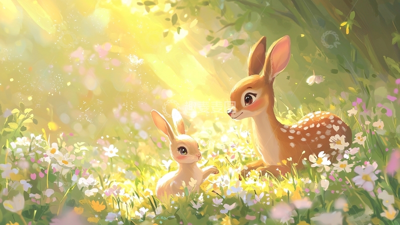 高清大图下载【趣麦麦图】阳光森林小鹿兔