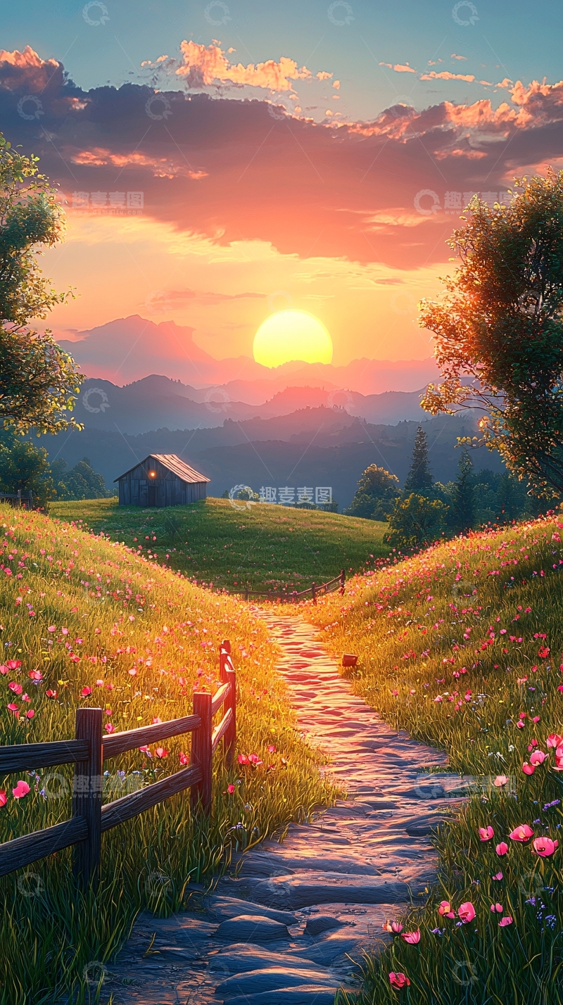 高清大图下载【趣麦麦图】山间小路落日余晖
