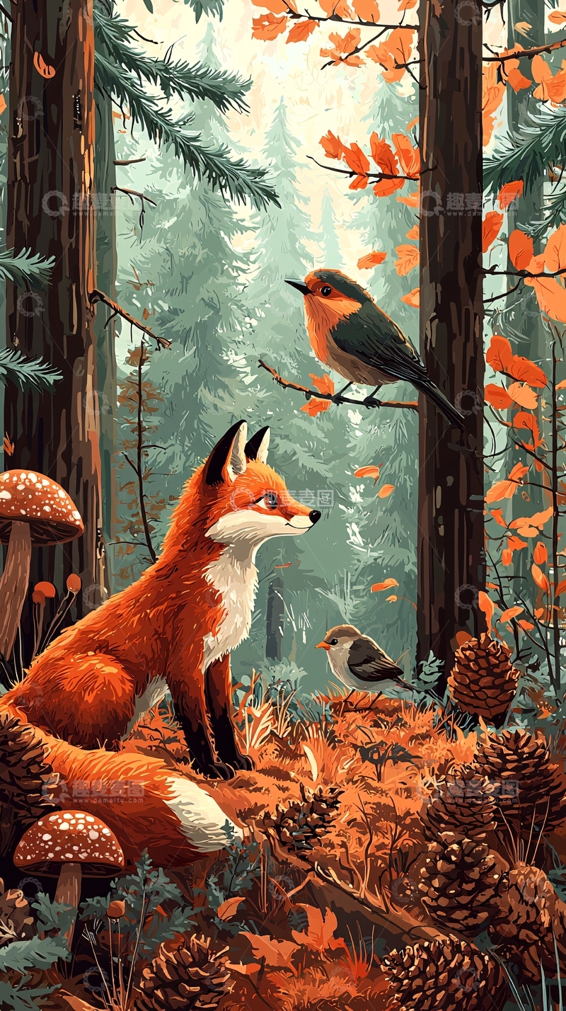 高清大图下载【趣麦麦图】秋天森林狐狸鸟蘑菇松果