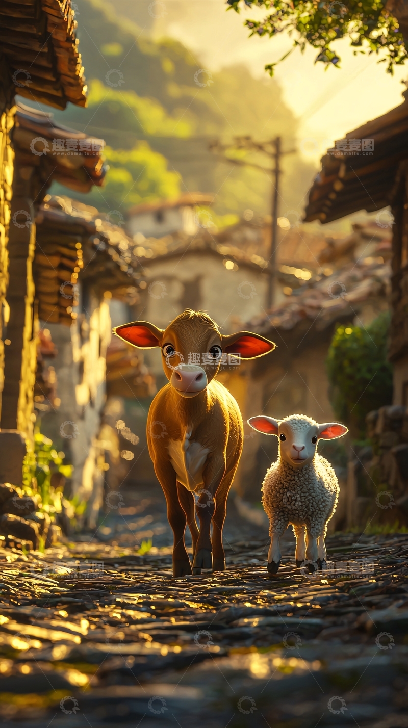 高清大图下载【趣麦麦图】小牛和小羊在古老村庄