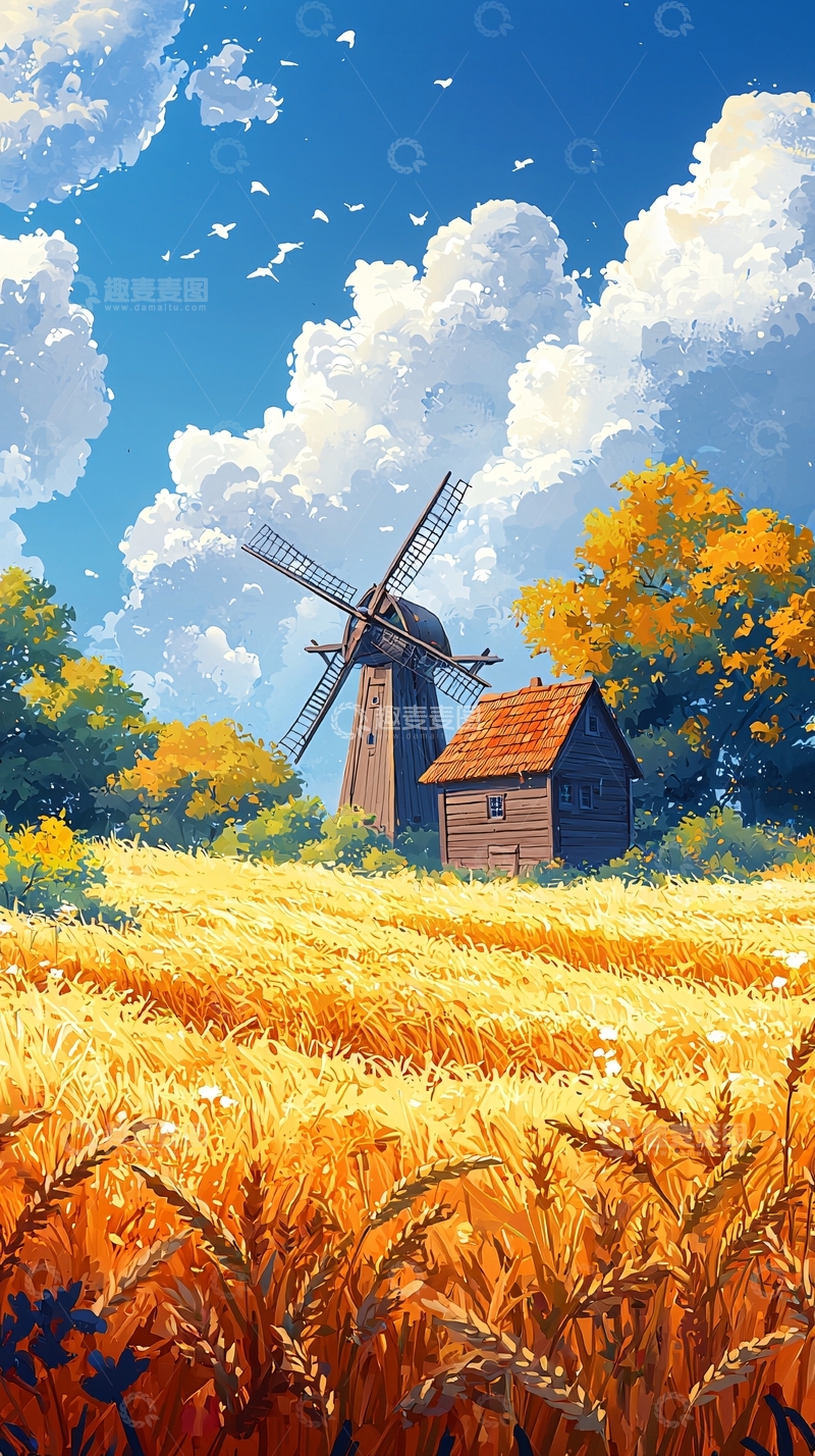 高清大图下载【趣麦麦图】麦田里的风车