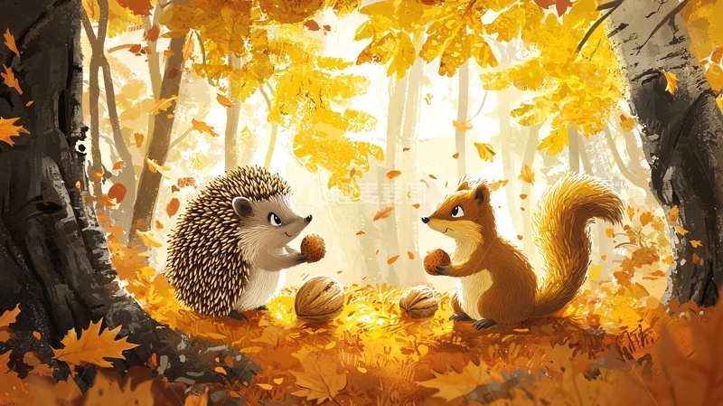 高清大图下载【趣麦麦图】秋天森林小松鼠刺猬
