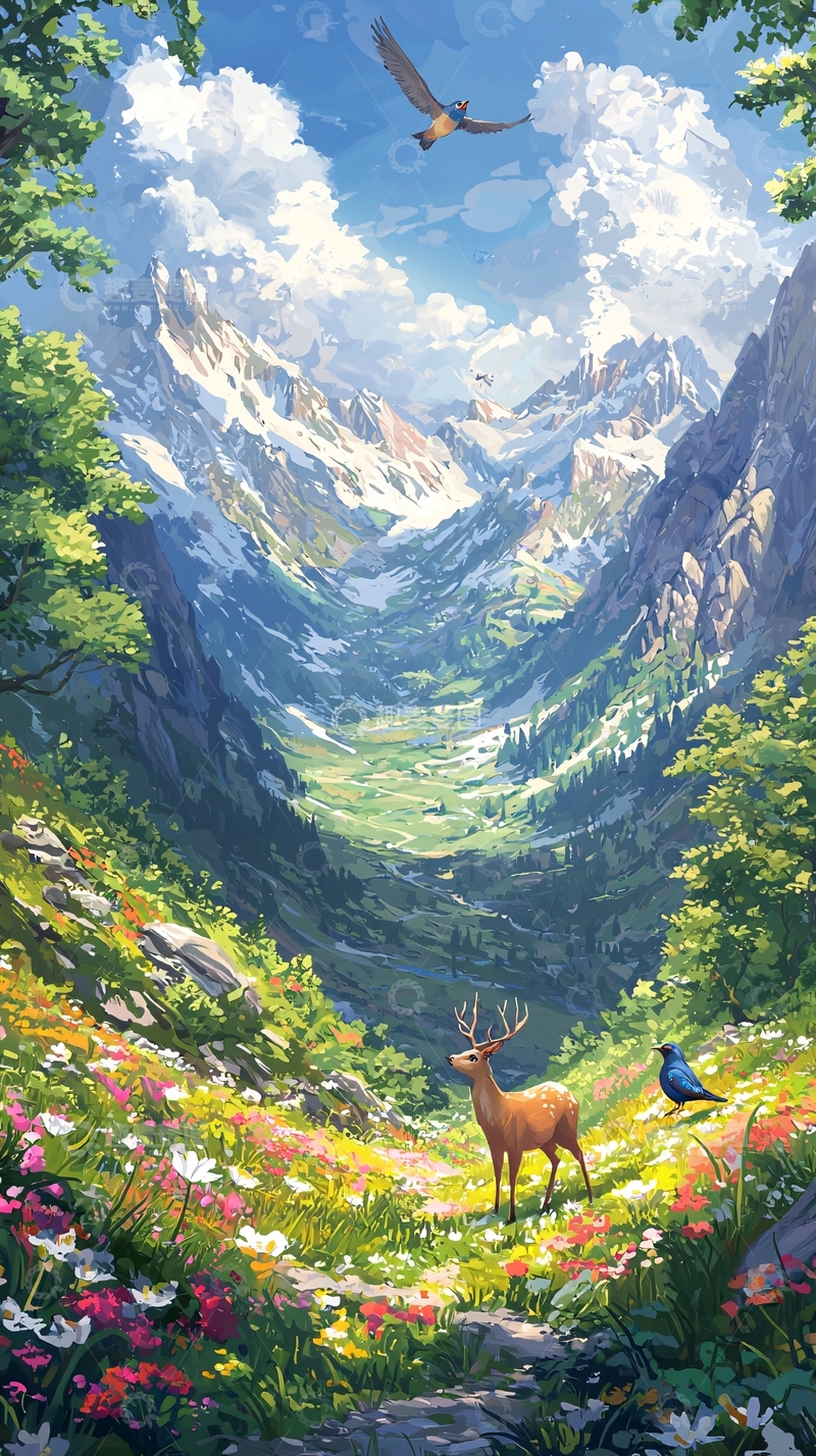 高清大图下载【趣麦麦图】高山峡谷花海鹿鸟