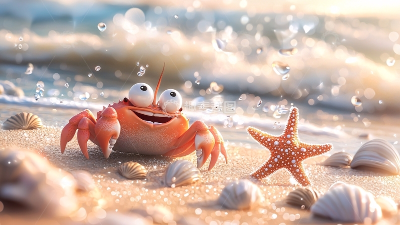 高清大图下载【趣麦麦图】沙滩上快乐的小螃蟹