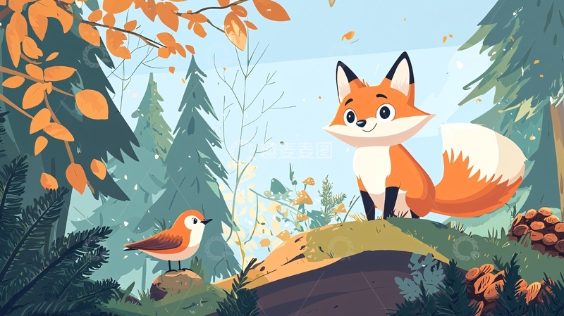 高清大图下载【趣麦麦图】秋日森林狐狸与小鸟