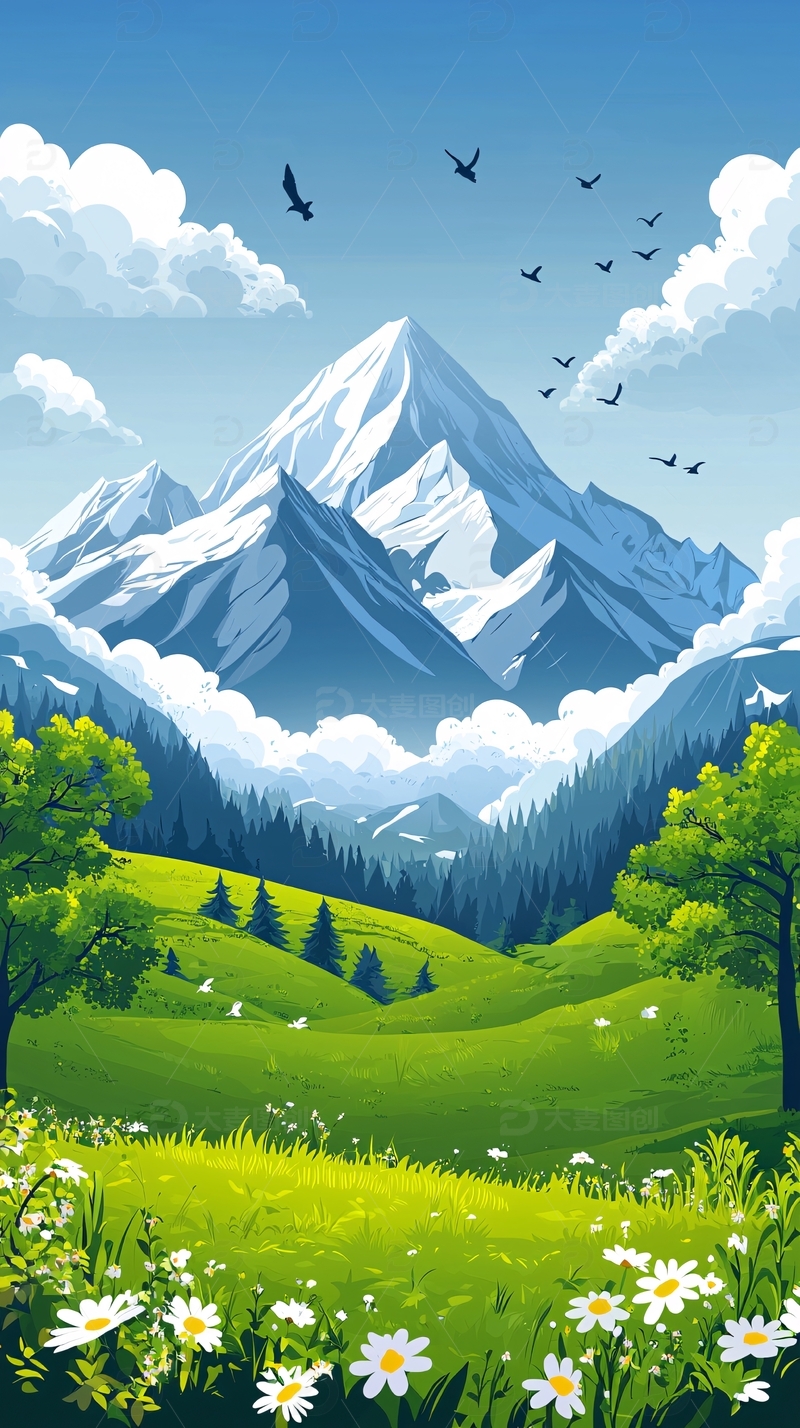 高清大图下载【趣麦麦图】雪山草原风景图