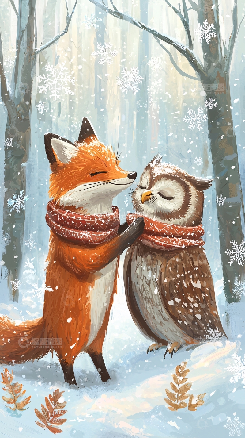 高清大图下载【趣麦麦图】冬天狐狸和猫头鹰