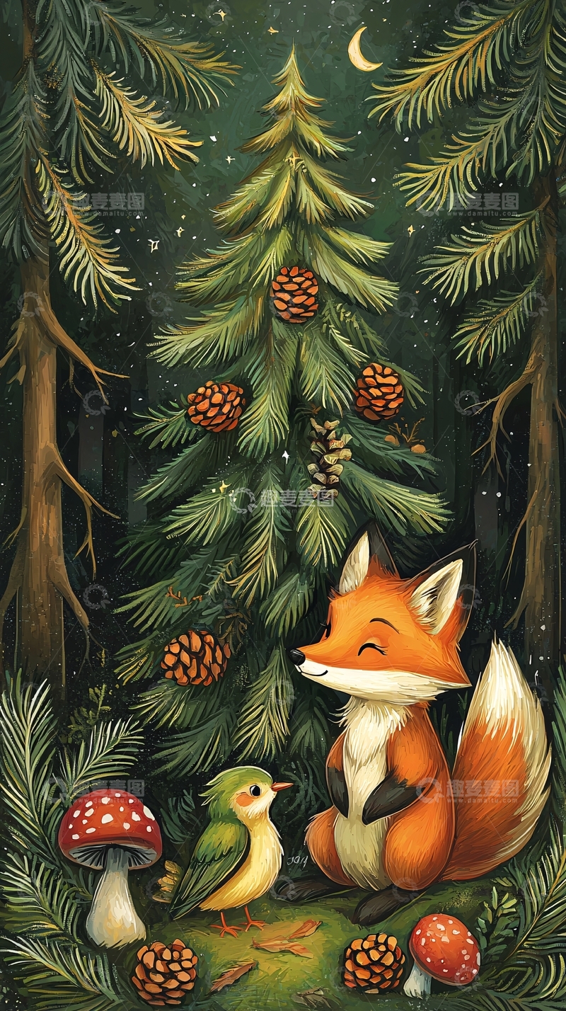 高清大图下载【趣麦麦图】夜晚森林狐狸鸟