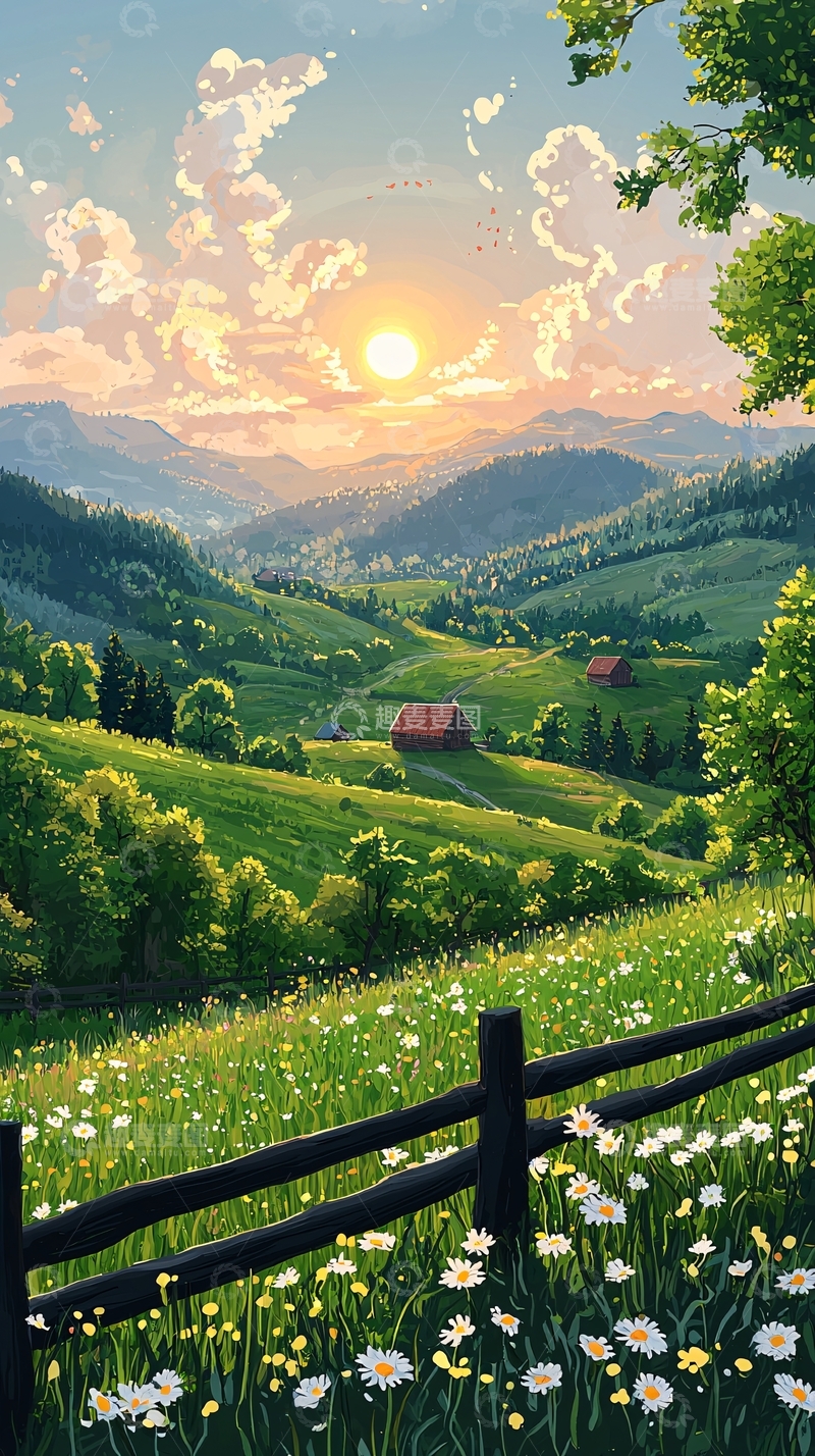 高清大图下载【趣麦麦图】田园风光日落下的村庄