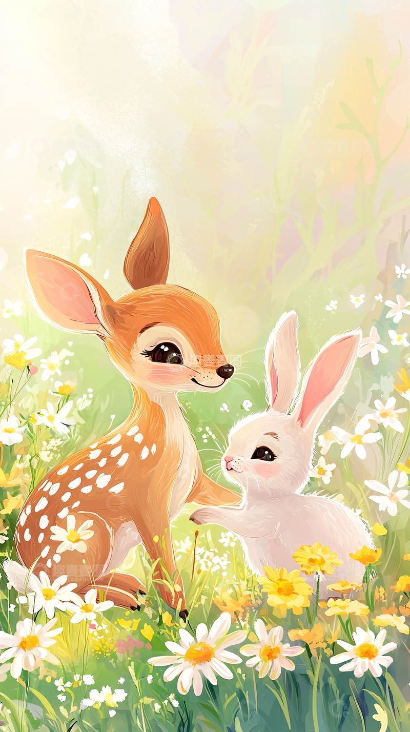 高清大图下载【趣麦麦图】小鹿与小白兔的春日邂逅
