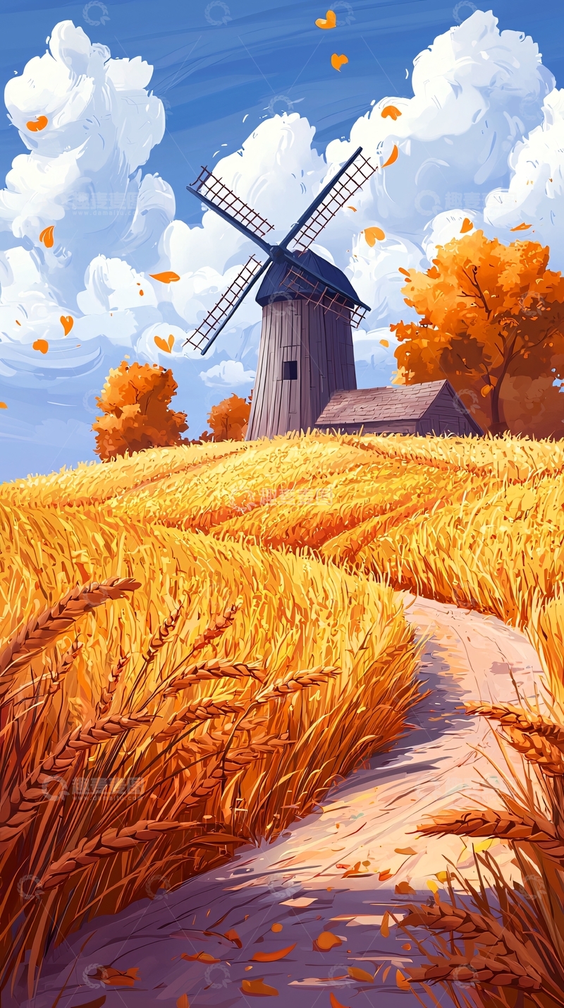 高清大图下载【趣麦麦图】金色麦田里的风车