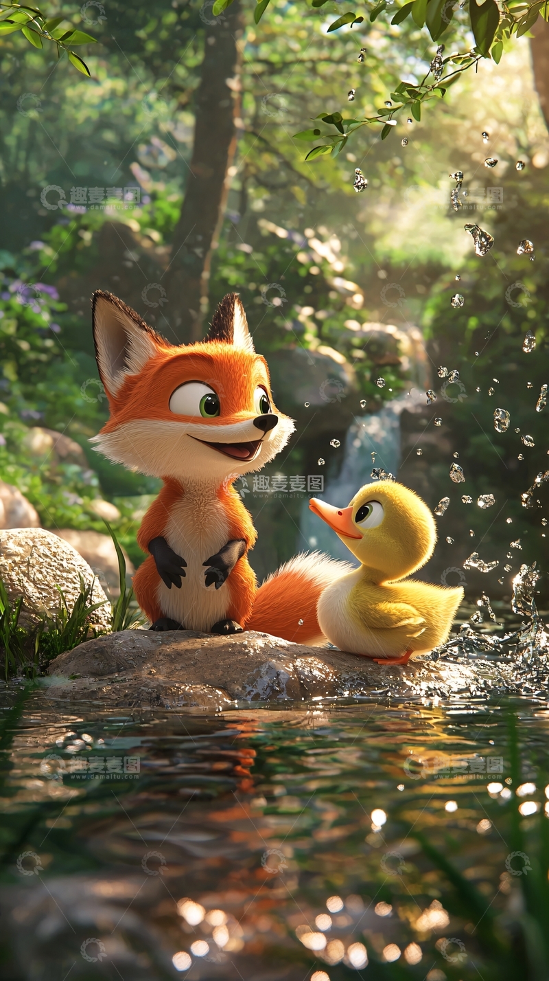 高清大图下载【趣麦麦图】森林小溪狐狸鸭子