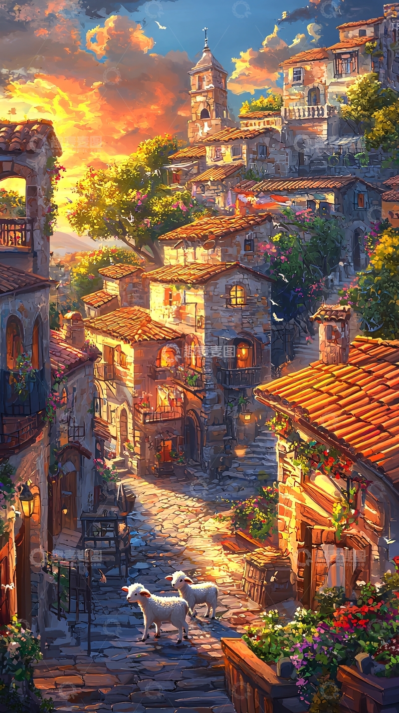 高清大图下载【趣麦麦图】夕阳下的意大利小镇