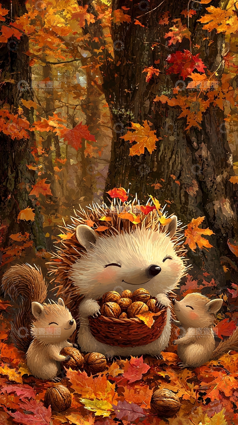 高清大图下载【趣麦麦图】秋日森林可爱刺猬松鼠