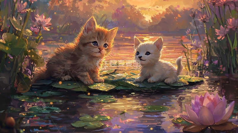 高清大图下载【趣麦麦图】夕阳下的小猫和小白狗