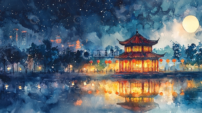 高清大图下载【趣麦麦图】月夜下的古典亭台楼阁