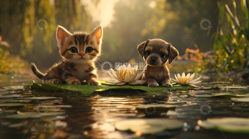 高清大图下载【趣麦麦图】小猫小狗荷花池塘日落